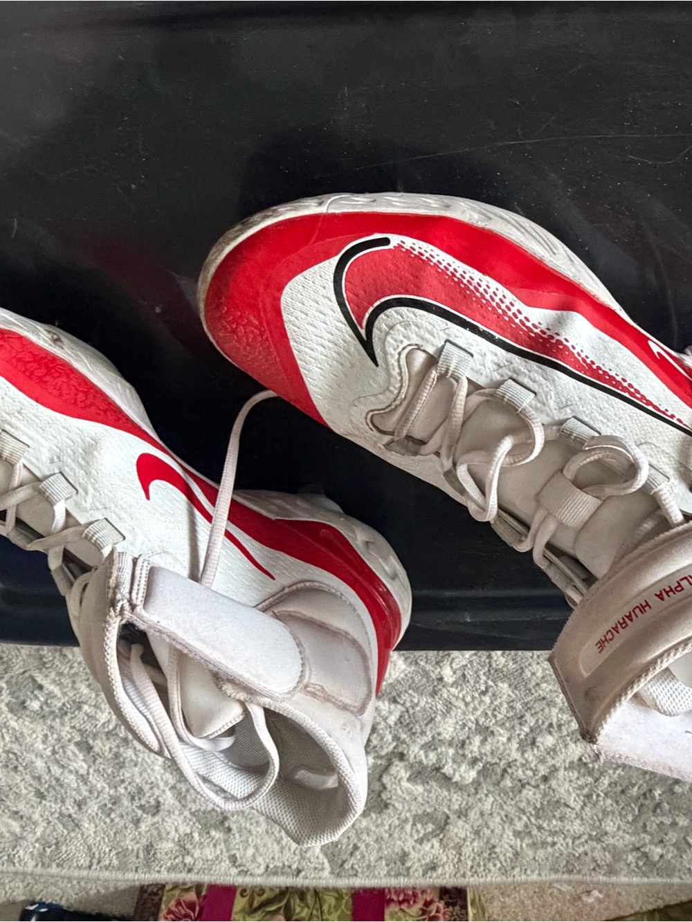 Nike Kids White and Red High-Top Cleats with Strap and Swoosh